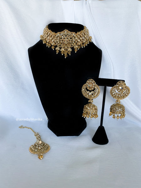 Polki Choker with Matching Tikka & Jhumkis | Indian Jewelry