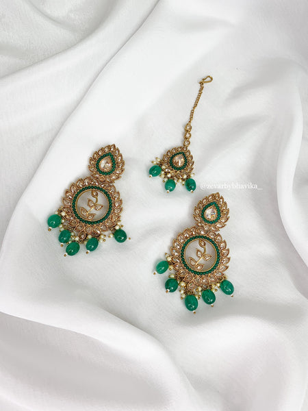 Emerald Green Earring & Tikka Set | Indian Jewelry