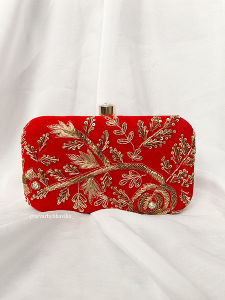 Red Embroidered Velvet Clutch | Indian Accessories