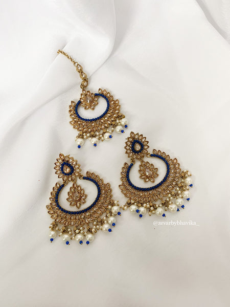 Navy Blue Polki Earring & Tikka Set | Indian Jewelry