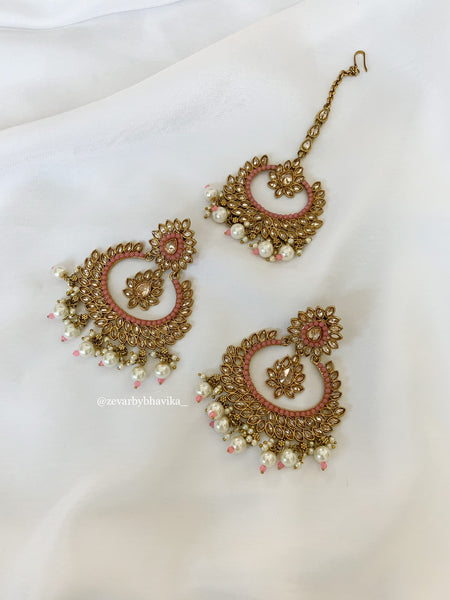 Pink Polki Earring & Tikka Set | Indian Jewelry