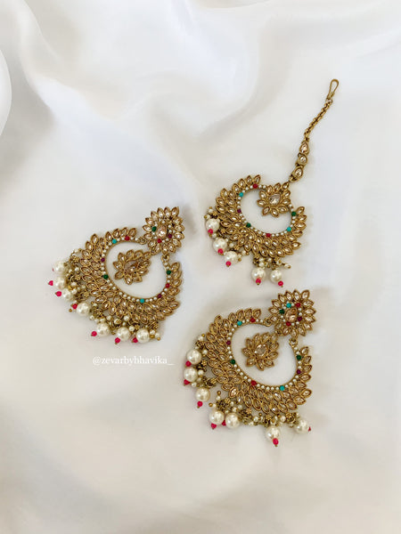 Multi Color Polki Earring & Tikka Set | Indian Jewelry