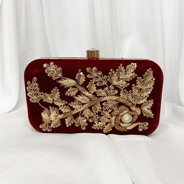 Burgundy Embroidered Velvet Clutch | Indian Accessories