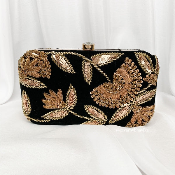 Hand Embroidered Black Velvet Sequins Clutch | Indian Accessories