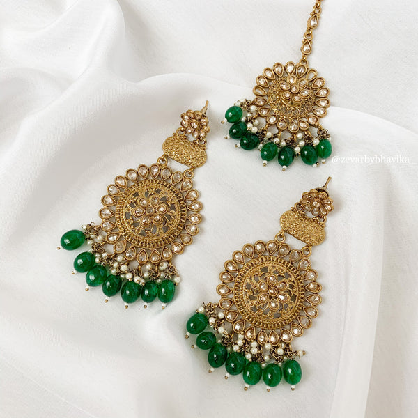 Emerald Green Earring & Tikka Set | Indian Jewelry